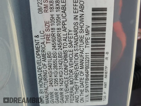 2023 Honda Passport TrailSport with VIN 5FNYF8H64PB032311, listed as a Copart auction lot 53532345 with 21,456 mi miles and Salvage title. Bid and sale history available at DreamBid. Image 13.