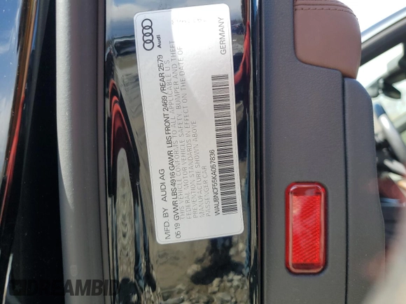 2019 Audi A5 Sportback Premium Plus with VIN WAUBNCF55KA057836, listed as a Copart auction lot 49594144 with 48,259 mi miles and . Bid and sale history available at DreamBid. Image 12.