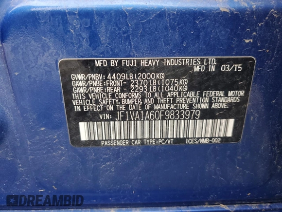 2015 Subaru WRX с VIN JF1VA1A60F9833979, выставлен на аукционе Copart как лот 50391895 с пробегом Не указан миль и Чистый • Clean title. История ставок и продаж доступна на DreamBid. Изображение 12.