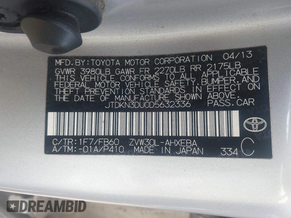 2013 Toyota Prius One with VIN JTDKN3DU0D5632336, listed as a IAAI auction lot 41510457 with 152,943 mi miles. Bid and sale history available at carsss.com. Image 9.
