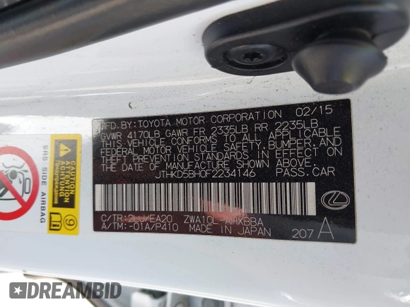 2015 Lexus CT 200h with VIN JTHKD5BH0F2234146, listed as a IAAI auction lot 42583102 with Not provided miles and . Bid and sale history available at DreamBid. Image 9.