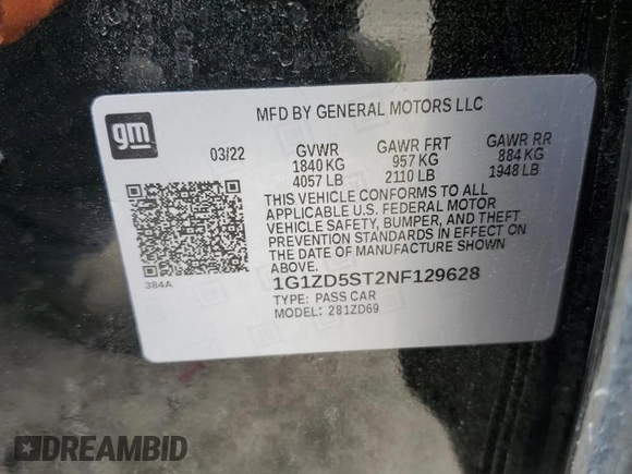 2022 Chevrolet Malibu LT with VIN 1G1ZD5ST2NF129628, listed as a Copart auction lot 51680035 with 65,294 mi miles and Salvage Title. Bid and sale history available at DreamBid. Image 13.