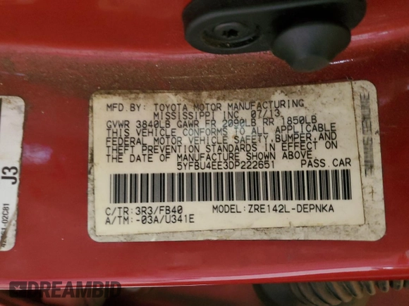 2013 Toyota Corolla L with VIN 5YFBU4EE3DP222651, listed as a Copart auction lot 85809284 with 125,818 mi miles and Salvage Title. Bid and sale history available at DreamBid. Image 14.