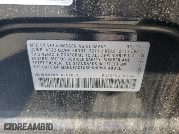 2010 Volkswagen CC Sport with VIN WVWNN7AN6AE548633, listed as a Copart auction lot 61545714 with 122,097 mi miles and Non Repairable. Bid and sale history available at carsss.com. Image 12.
