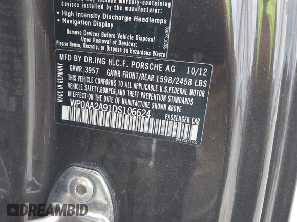 2013 Porsche 911 Carrera with VIN WP0AA2A91DS106624, listed as a IAAI auction lot 41586673 with 37,100 mi miles. Bid and sale history available at carsss.com. Image 9.
