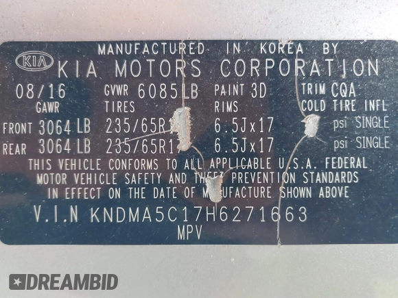 2017 Kia Sedona L with VIN KNDMA5C17H6271663, listed as a IAAI auction lot 41492437 with 338,875 mi miles. Bid and sale history available at carsss.com. Image 9.