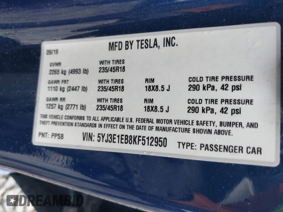 2019 Tesla Model 3 Long Range with VIN 5YJ3E1EB8KF512950, listed as a IAAI auction lot 41836349 with 55,607 mi miles and . Bid and sale history available at DreamBid. Image 9.