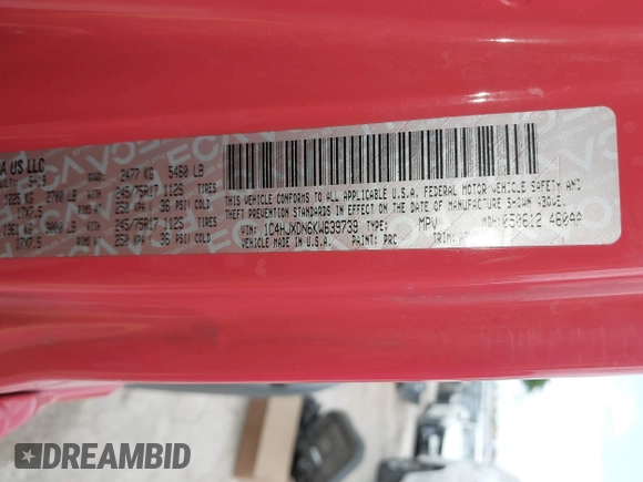 2019 Jeep Wrangler Unlimited Sport S with VIN 1C4HJXDN6KW639739, listed as a IAAI auction lot 42432143 with Not provided miles and . Bid and sale history available at DreamBid. Image 9.