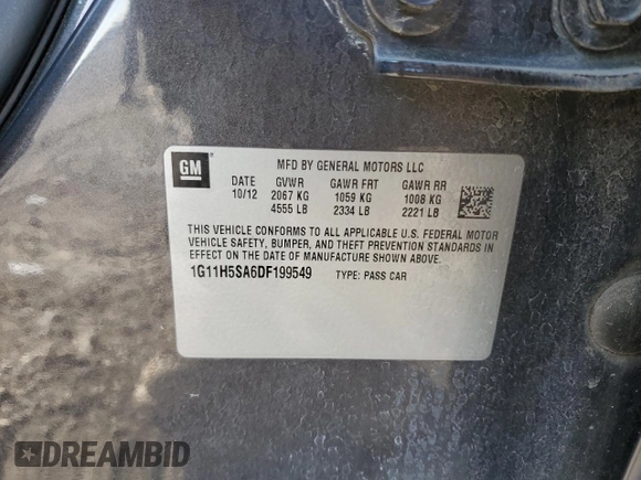 2013 Chevrolet Malibu LTZ with VIN 1G11H5SA6DF199549, listed as a Copart auction lot 49041735 with 130,367 mi miles and Salvage Title. Bid and sale history available at DreamBid. Image 12.
