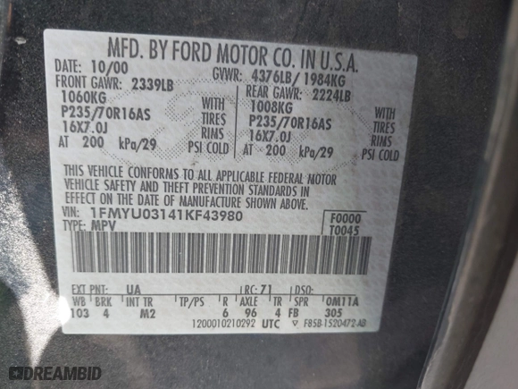 2001 Ford Escape XLT with VIN 1FMYU03141KF43980, listed as a IAAI auction lot 41989002 with 222,344 mi miles. Bid and sale history available at carsss.com. Image 9.