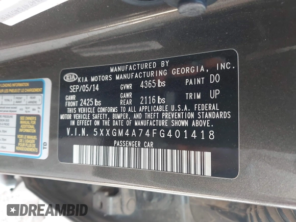 2015 Kia Optima LX with VIN 5XXGM4A74FG401418, listed as a IAAI auction lot 41899008 with 125,812 mi miles. Bid and sale history available at carsss.com. Image 9.