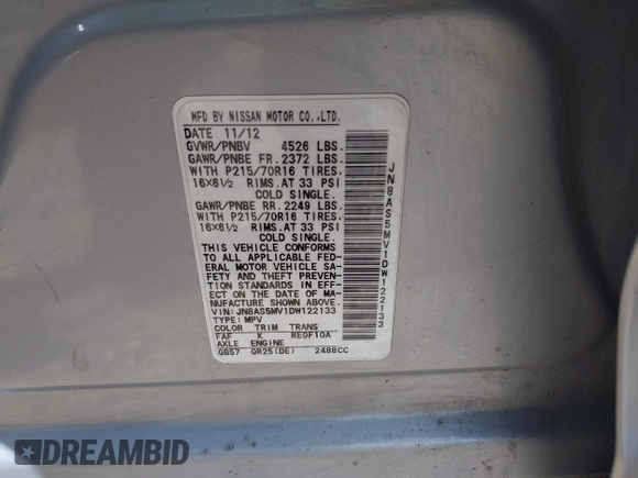2013 Nissan Rogue SL with VIN JN8AS5MV1DW122133, listed as a IAAI auction lot 42052678 with 107,166 mi miles and . Bid and sale history available at DreamBid. Image 9.