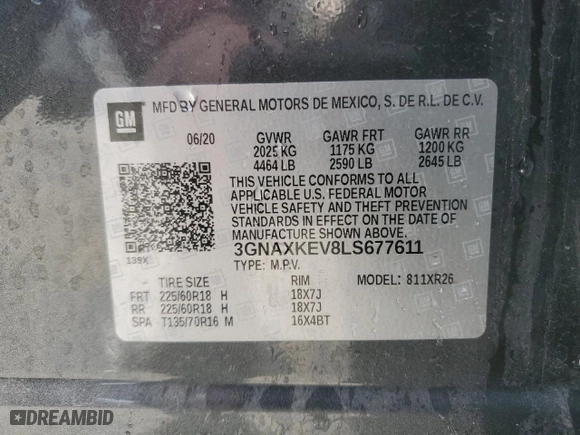 2020 Chevrolet Equinox LT with VIN 3GNAXKEV8LS677611, listed as a Copart auction lot 44700245 with 69,142 mi miles and Salvage Title. Bid and sale history available at carsss.com. Image 13.
