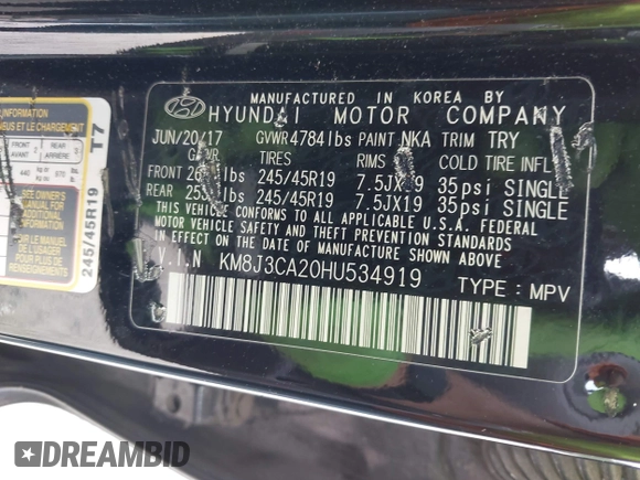 2017 Hyundai Tucson Limited with VIN KM8J3CA20HU534919, listed as a IAAI auction lot 42523205 with 68,549 mi miles and . Bid and sale history available at DreamBid. Image 9.