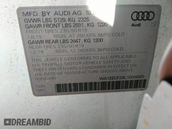 2020 Audi Q3 S line Premium Plus с VIN WA1EECF3XL1034045, выставлен на аукционе IAAI как лот 42726643 с пробегом 121 743 миль миль и . История ставок и продаж доступна на DreamBid. Изображение 9.