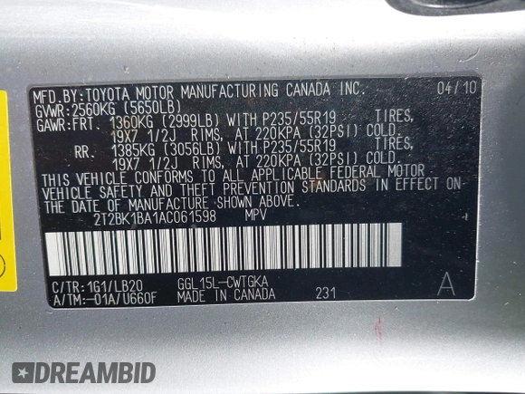 2010 Lexus RX 350 with VIN 2T2BK1BA1AC061598, listed as a IAAI auction lot 42018580 with 200,982 mi miles. Bid and sale history available at carsss.com. Image 9.