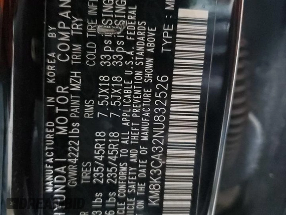 2022 Hyundai Kona N Line with VIN KM8K3CA32NU832526, listed as a Copart auction lot 87066404 with 20,062 mi miles and Salvage Title. Bid and sale history available at carsss.com. Image 14.
