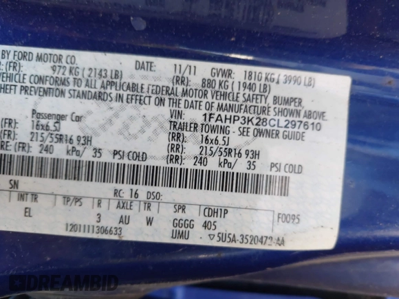 2012 Ford Focus SE z VIN 1FAHP3K28CL297610, wystawiony jako IAAI lot #41999068 z przebiegiem 164 482 mil mil oraz . Historia ofert i sprzedaży dostępna na DreamBid. Obrazek 9.