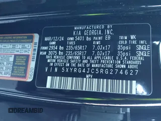 2024 Kia Sorento LX z VIN 5XYRG4JC5RG274627, wystawiony jako IAAI lot #41646967 z przebiegiem 23 440 mil mil oraz . Historia ofert i sprzedaży dostępna na DreamBid. Obrazek 9.