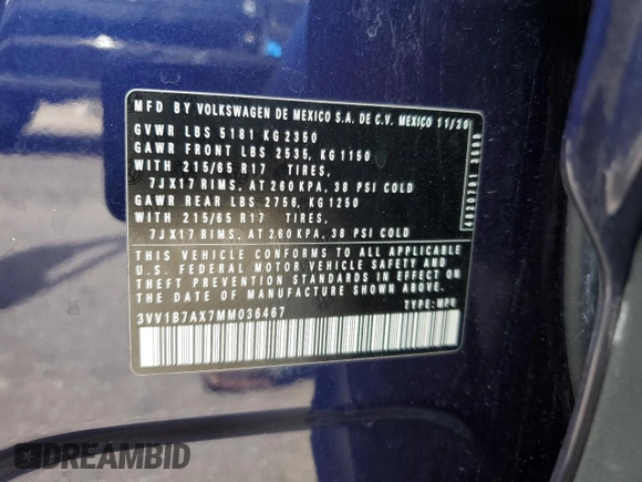 2021 Volkswagen Tiguan S with VIN 3VV1B7AX7MM036467, listed as a Copart auction lot 56992555 with 12,008 mi miles and Salvage title. Bid and sale history available at DreamBid. Image 12.