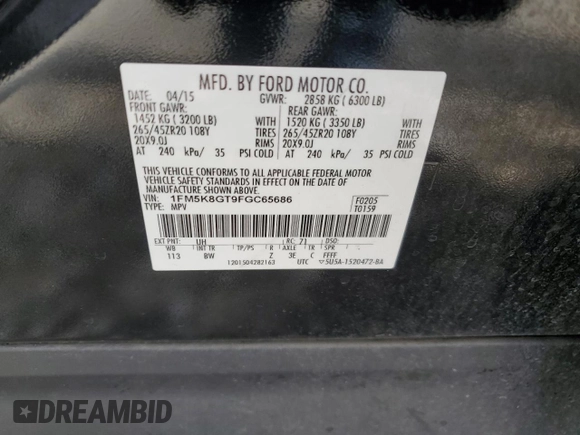 2015 Ford Explorer Sport с VIN 1FM5K8GT9FGC65686, выставлен на аукционе Copart как лот 59935045 с пробегом 103 431 миль миль и Списание • Salvage title. История ставок и продаж доступна на DreamBid. Изображение 13.