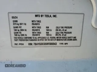 2024 Tesla Model Y с VIN 7SAYGDED5RF086943, выставлен на аукционе Copart как лот 43781735 с пробегом 11 954 миль миль и Списание • Salvage title. История ставок и продаж доступна на DreamBid. Изображение 12.