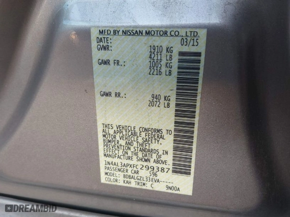 2015 Nissan Altima 2.5 S with VIN 1N4AL3APXFC299387, listed as a IAAI auction lot 41203760 with 132,528 mi miles. Bid and sale history available at carsss.com. Image 9.