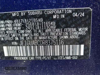 2024 Subaru Impreza with VIN JF1GUABC0R8375116, listed as a IAAI auction lot 39815182 with 216 mi miles. Bid and sale history available at carsss.com. Image 9.