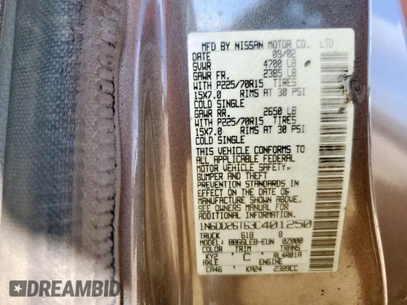 2003 Nissan Frontier XE with VIN 1N6DD26T63C401250, listed as a Copart auction lot 59934425 with Not provided miles and Non repairable. Bid and sale history available at DreamBid. Image 12.