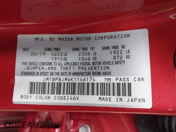 2019 Mazda 3 with VIN JM1BPBJM6K1146174, listed as a IAAI auction lot 42518442 with 45,925 mi miles and . Bid and sale history available at DreamBid. Image 9.
