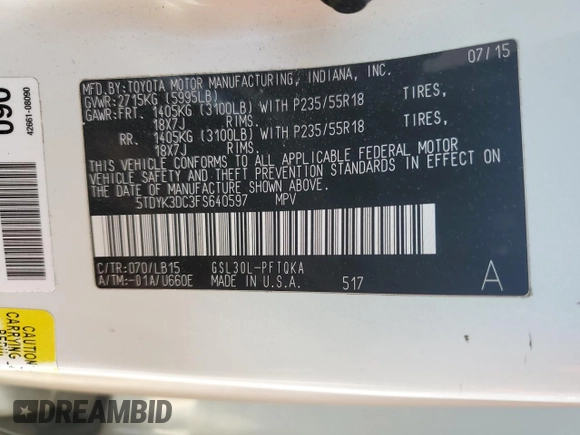 2015 Toyota Sienna XLE с VIN 5TDYK3DC3FS640597, выставлен на аукционе Copart как лот 59334555 с пробегом 187 728 миль миль и Списание • Salvage title. История ставок и продаж доступна на DreamBid. Изображение 13.
