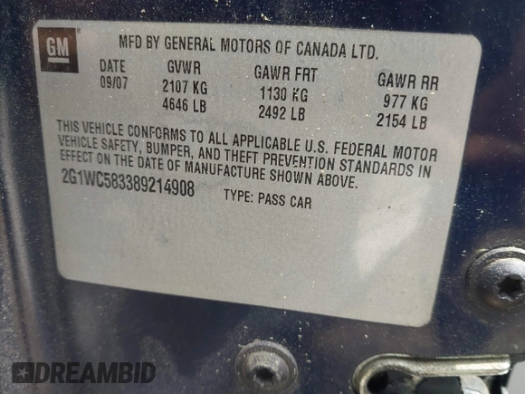 2008 Chevrolet Impala LT with VIN 2G1WC583389214908, listed as a IAAI auction lot 42011939 with 188,861 mi miles and . Bid and sale history available at DreamBid. Image 9.