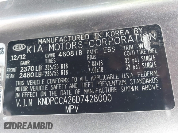 2013 Kia Sportage EX with VIN KNDPCCA26D7428000, listed as a IAAI auction lot 42684573 with 155,722 mi miles and . Bid and sale history available at DreamBid. Image 9.
