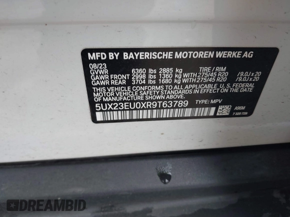2024 BMW X5 xDrive40i with VIN 5UX23EU0XR9T63789, listed as a IAAI auction lot 42324467 with 25,057 mi miles and . Bid and sale history available at DreamBid. Image 9.