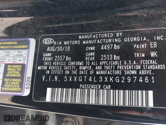 2019 Kia Optima LX z VIN 5XXGT4L3XKG297461, wystawiony jako IAAI lot #42322350 z przebiegiem 103 660 mil mil oraz . Historia ofert i sprzedaży dostępna na DreamBid. Obrazek 9.