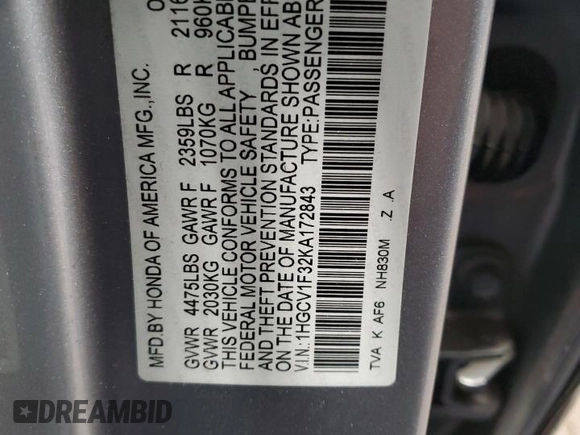 2019 Honda Accord Sport with VIN 1HGCV1F32KA172843, listed as a Copart auction lot 53883485 with 97,525 mi miles and Salvage Title. Bid and sale history available at DreamBid. Image 13.