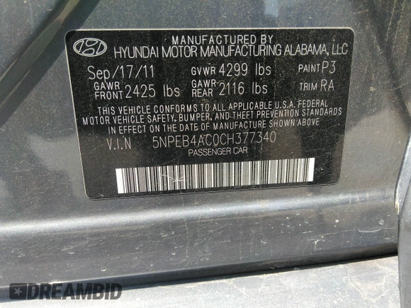 2012 Hyundai Sonata GLS PZEV with VIN 5NPEB4AC0CH377340, listed as a IAAI auction lot 36545311 with Not Provided miles. Bid and sale history available at carsss.com. Image 9.