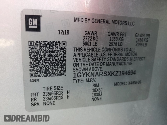 2019 Cadillac XT5 FWD with VIN 1GYKNARSXKZ194694, listed as a Copart auction lot 64476815 with 36,082 mi miles and Salvage title. Bid and sale history available at DreamBid. Image 13.