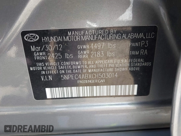 2012 Hyundai Sonata Limited with VIN 5NPEC4ABXCH503014, listed as a IAAI auction lot 41922832 with 143,286 mi miles and . Bid and sale history available at DreamBid. Image 9.