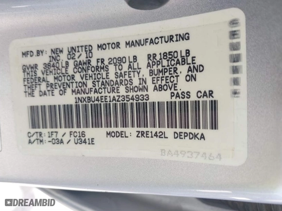 2010 Toyota Corolla with VIN 1NXBU4EE1AZ354933, listed as a IAAI auction lot 41832226 with 83,823 mi miles. Bid and sale history available at carsss.com. Image 9.