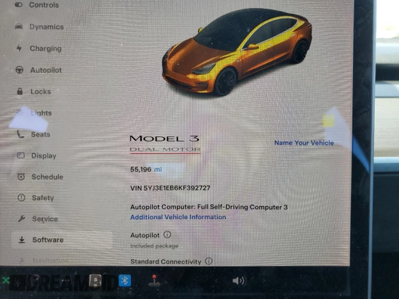 2019 Tesla Model 3 Long Range with VIN 5YJ3E1EB6KF392727, listed as a Copart auction lot 53343735 with 55,196 mi miles and Salvage Title. Bid and sale history available at DreamBid. Image 9.