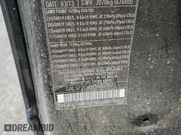 2013 Land Rover Range Rover Sport HSE with VIN SALSF2D49DA807979, listed as a Copart auction lot 52596285 with 89,572 mi miles and Clean Title. Bid and sale history available at DreamBid. Image 13.