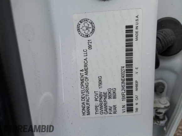 2022 Honda Civic LX z VIN 19XFL2H53NE400274, wystawiony jako Copart lot #55623285 z przebiegiem 138 424 mil mil oraz Szkoda całkowita • Salvage title. Historia ofert i sprzedaży dostępna na DreamBid. Obrazek 12.