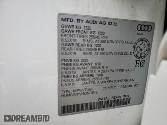 2022 Audi Q3 Premium z VIN WA1AECF3XN1111174, wystawiony jako Copart lot #54718895 z przebiegiem 48 291 mil mil oraz Szkoda całkowita • Salvage title. Historia ofert i sprzedaży dostępna na DreamBid. Obrazek 13.