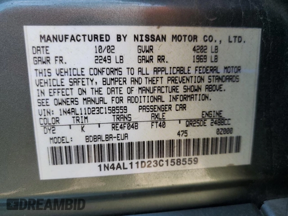 2003 Nissan Altima S z VIN 1N4AL11D23C158559, wystawiony jako Copart lot #55512675 z przebiegiem 85 515 mil mil oraz Szkoda całkowita • Salvage title. Historia ofert i sprzedaży dostępna na DreamBid. Obrazek 12.