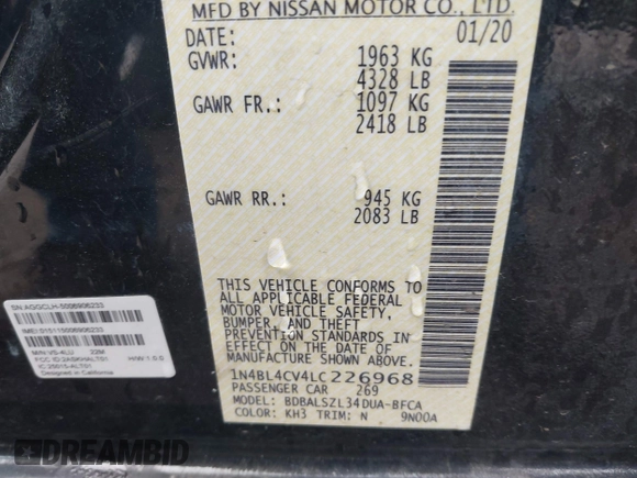 2020 Nissan Altima 2.5 SR with VIN 1N4BL4CV4LC226968, listed as a IAAI auction lot 41705622 with 52,182 mi miles. Bid and sale history available at carsss.com. Image 9.