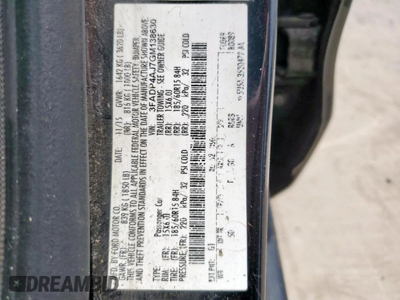 2016 Ford Fiesta S with VIN 3FADP4AJ7GM138630, listed as a Copart auction lot 61403685 with 104,295 mi miles and Salvage title. Bid and sale history available at DreamBid. Image 12.