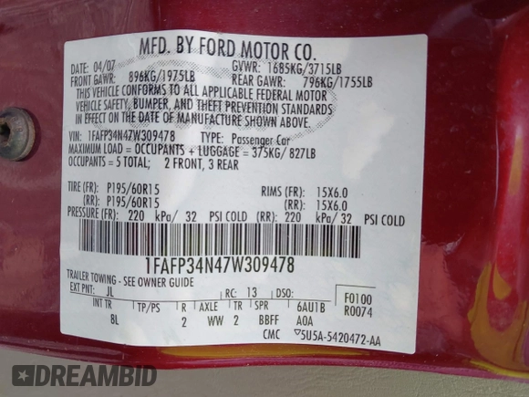 2007 Ford Focus S with VIN 1FAFP34N47W309478, listed as a IAAI auction lot 42541785 with 129,436 mi miles and . Bid and sale history available at DreamBid. Image 9.