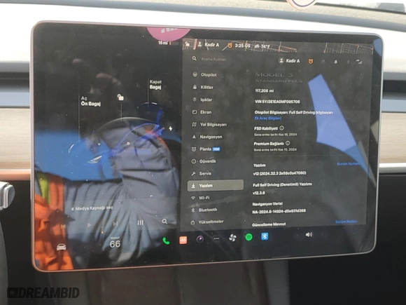 2021 Tesla Model 3 Standard Range Plus with VIN 5YJ3E1EA0MF095706, listed as a Copart auction lot 79754074 with 117,208 mi miles and Salvage Title. Bid and sale history available at carsss.com. Image 9.
