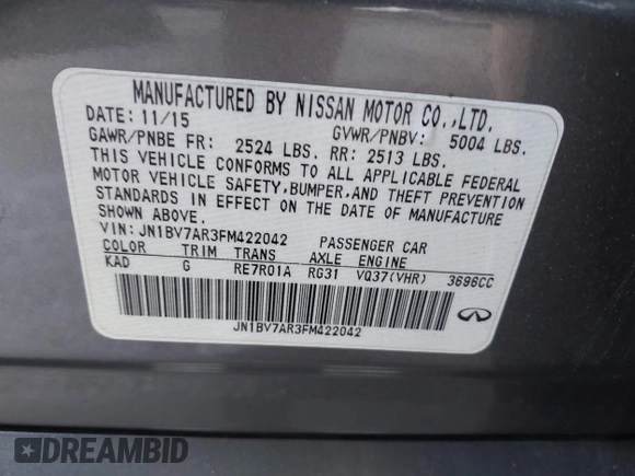 2015 Infiniti Q50 Premium z VIN JN1BV7AR3FM422042, wystawiony jako IAAI lot #42258784 z przebiegiem 72 030 mil mil oraz . Historia ofert i sprzedaży dostępna na DreamBid. Obrazek 9.